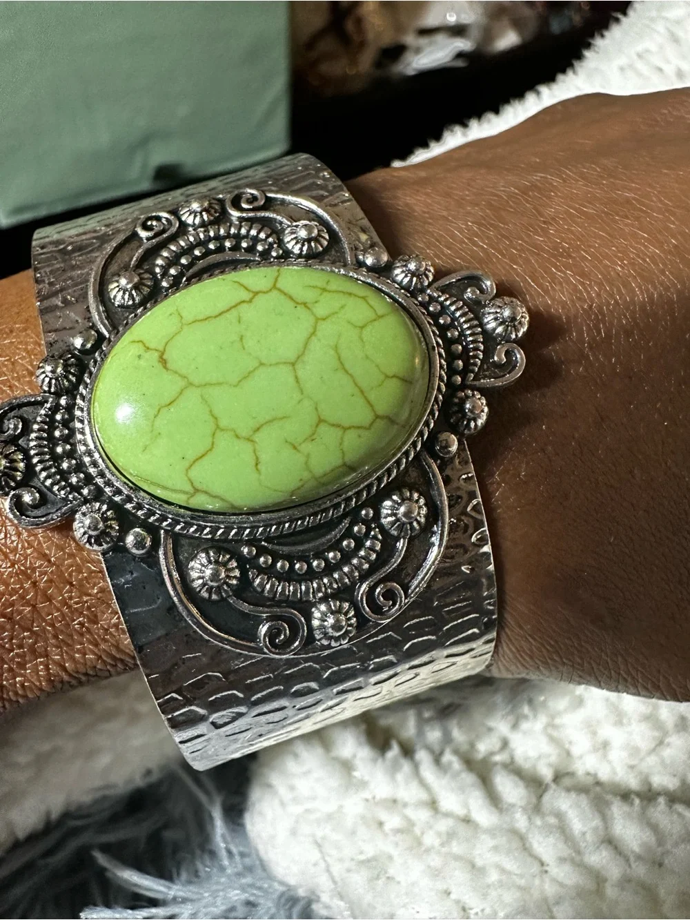 Silver Cuff Bracelet with Lime Green Stone